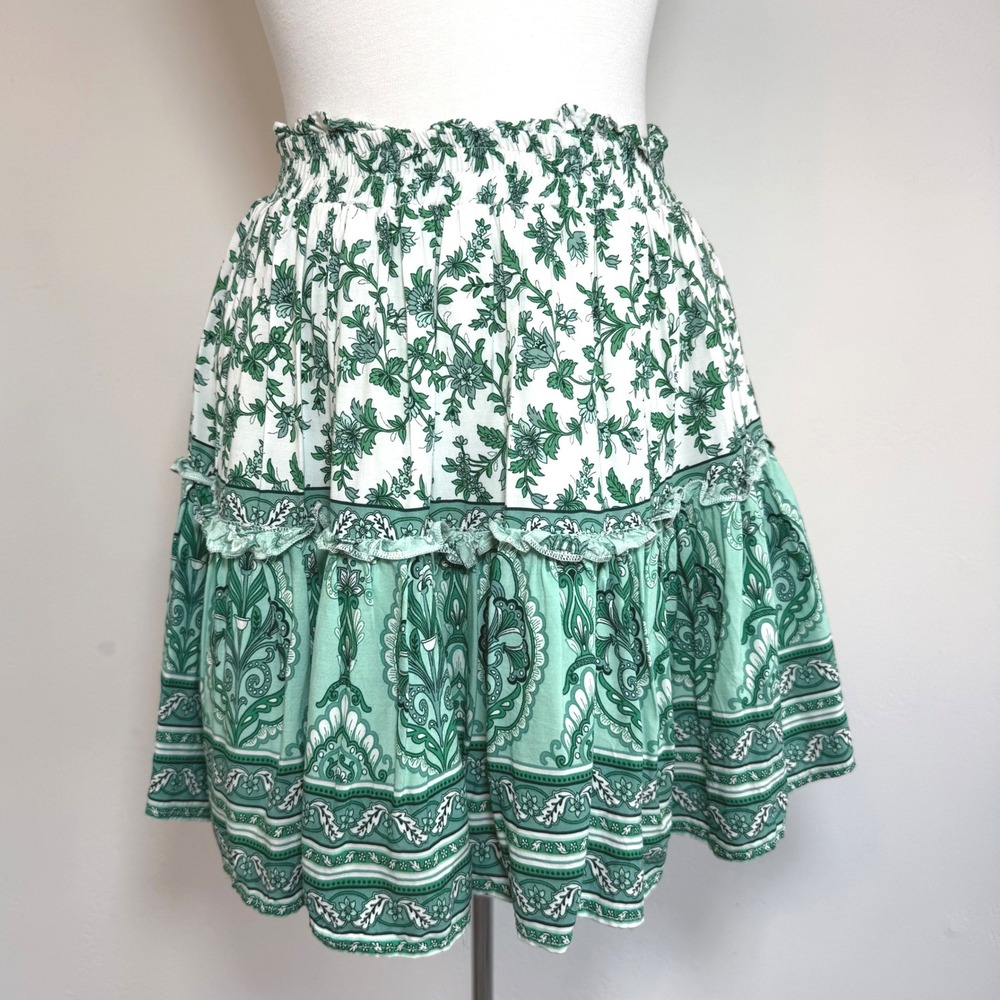 Morning Mist Floral Paisley Mini Skirt Green White Tiered Boho Cottagecore Sz 6